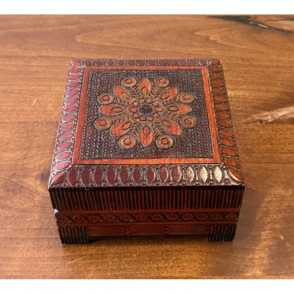 Vintage Hand-Carved Wooden Trinket/ Jewelry Box - Made in Poland